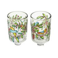 Painted Glass Candle Holder - Pair - Birds and Flowers GCS-2